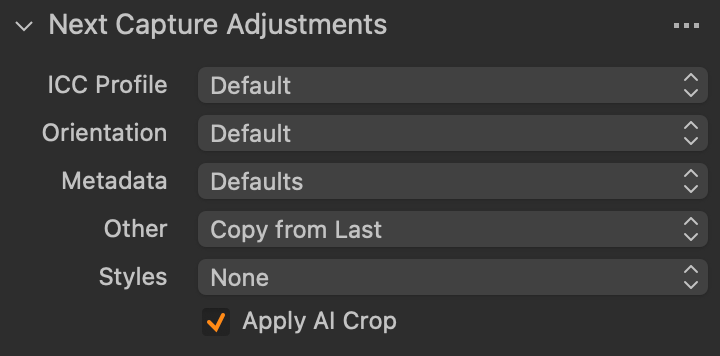 Volba Apply AI Crop dovoluje zapojit chytré ořezávání i do procesu focení do počítače